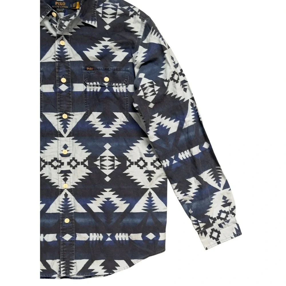 Polo Ralph Lauren Classic Fit Southwestern Aztec Tribal Button Blue‎ Shirt Sz L